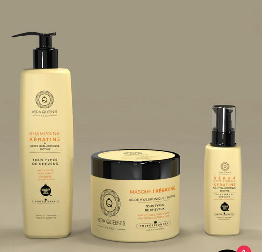 Kit entretein cheveux Trio Biotine Kera Queen’s| Shampooing sans sulfate Masque Sérum Fortifiant
