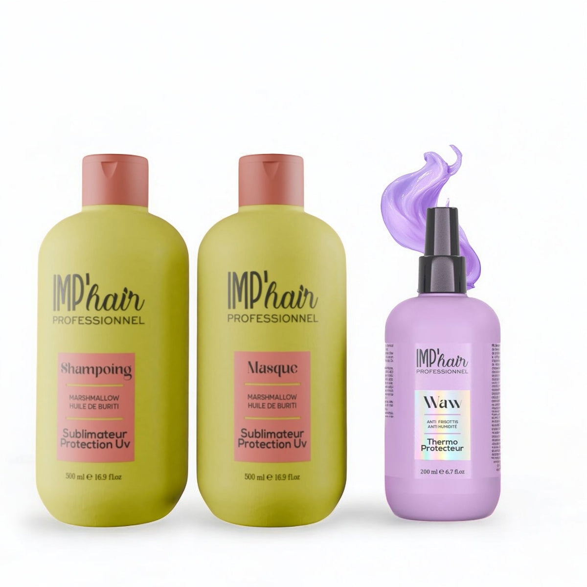 Trio Soin Complet Cheveux – Shampoing, Masque & Thermo-Protecteur| IMP’HAIR Professionnel – Marshmallow & Buriti