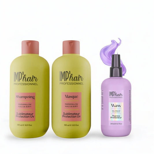 Trio Soin Complet Cheveux – Shampoing, Masque & Thermo-Protecteur| IMP’HAIR Professionnel – Marshmallow & Buriti