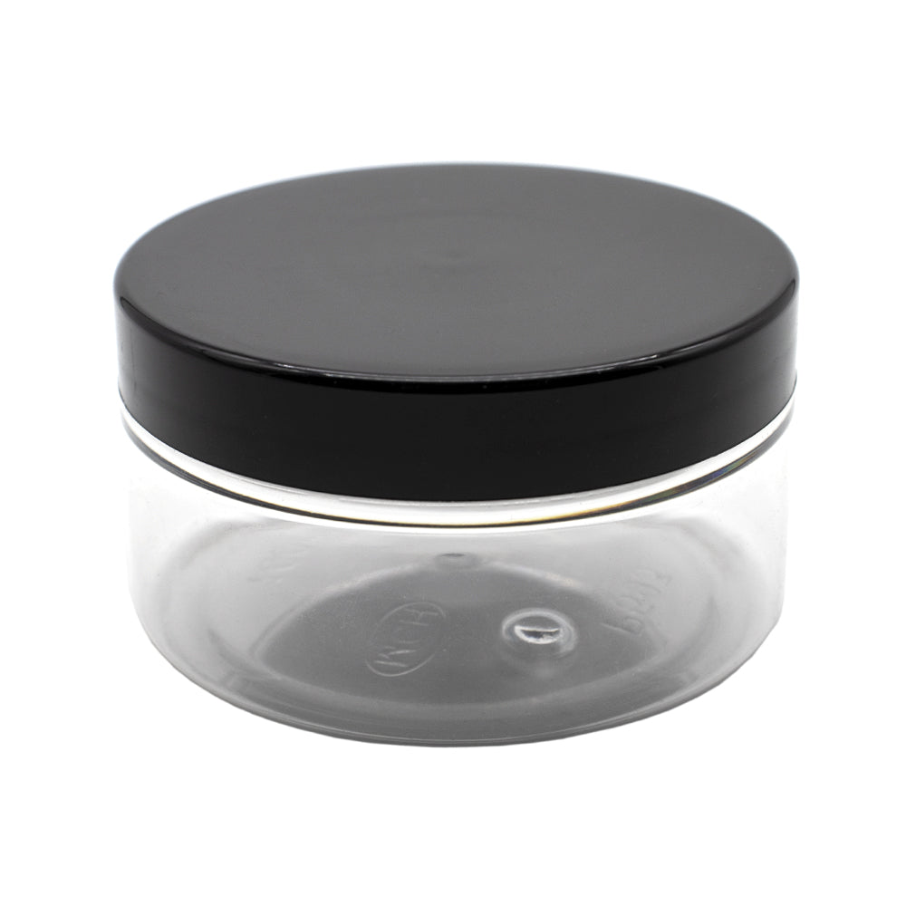 Pots cosmétique, 100ml, PET/PP, 70/400, Fileté, Transparent, Noir, Cylindrique